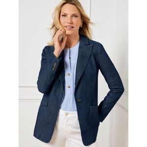 $159 Talbots Denim Blazer Petite Women's 6P Blue Jean Jacket‎ Career Button